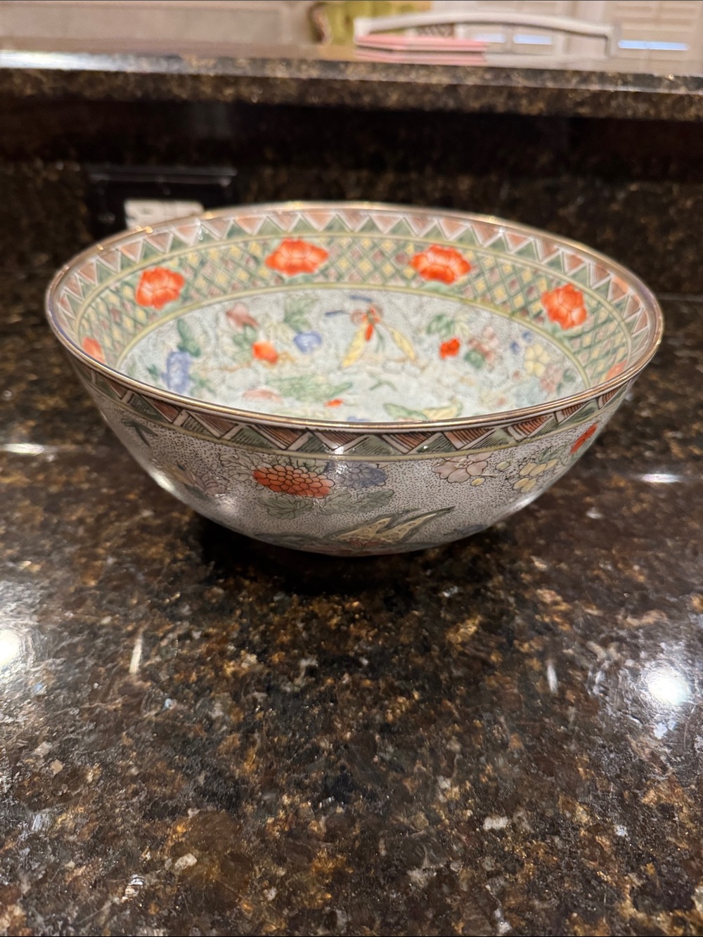 Hand-Painted Floral Porcelain Decorative Bowl - 10 in - made in Macau